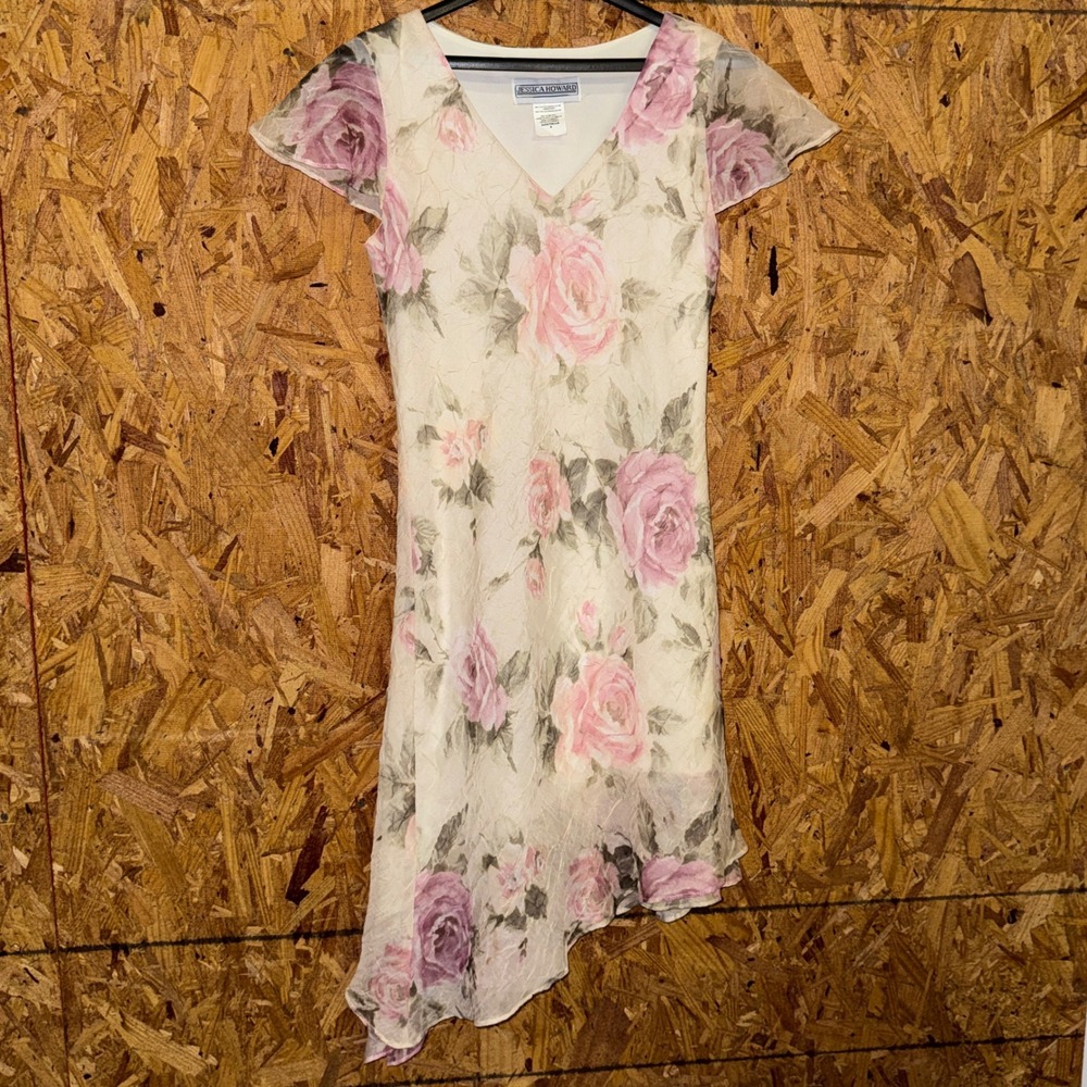 VTG Jessica Howard‎ Ivory Lace Ruffle Hem Midi Dress Floral Feminine Coquette 8